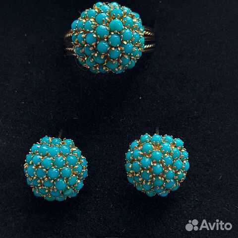 Золотой набор из серёг и кольца с бирюзой