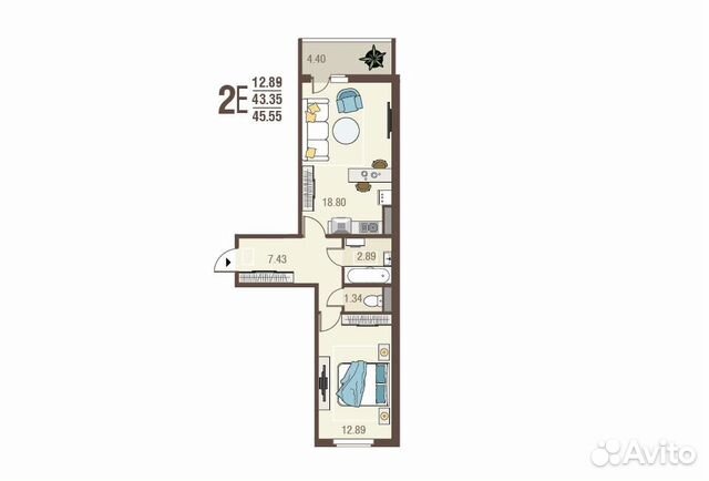 2-к квартира, 45.6 м², 6/10 эт.