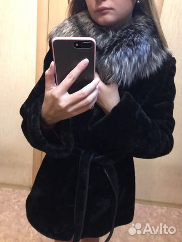 Шуба из цигейки с чернобурой лисой