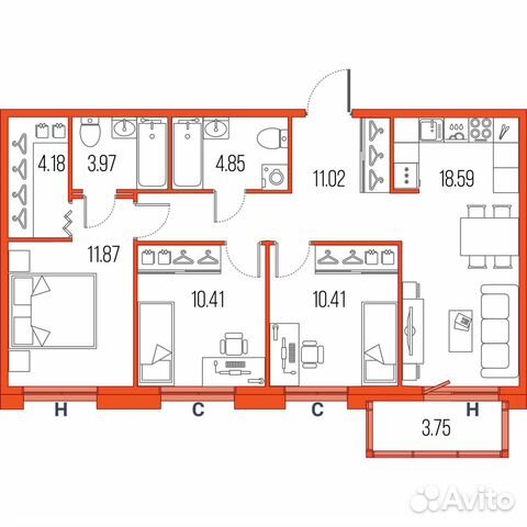3-к квартира, 75.3 м², 10/22 эт.