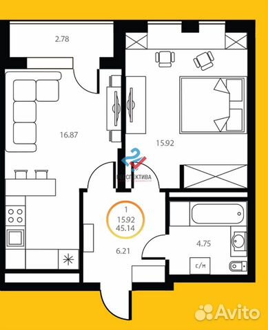 1-к квартира, 45.1 м², 21/26 эт.