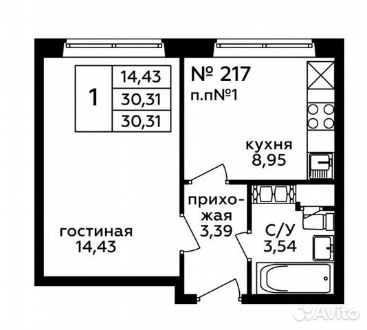 1-к квартира, 31 м², 4/22 эт.