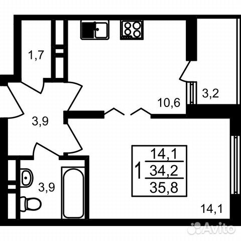 1-к квартира, 35.8 м², 13/17 эт.