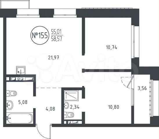2-к. квартира, 58,6 м², 9/10 эт.
