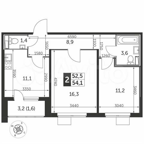 2-к. квартира, 54,7 м², 23/25 эт.