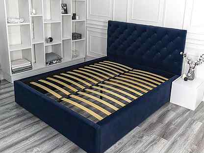 Кровать двуспальная 140 200 велюр синий