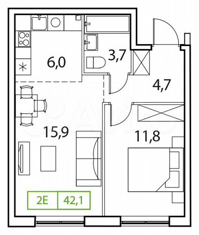 2-к. квартира, 42,1 м², 15/17 эт.