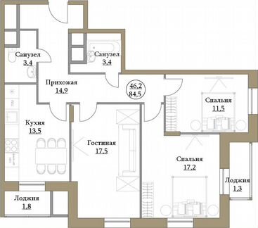 3-к квартира, 84.5 м², 9/17 эт.
