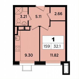 1-к апартаменты, 32.1 м², 12/18 эт.