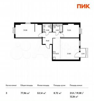 3-к квартира, 77.9 м², 8/14 эт.