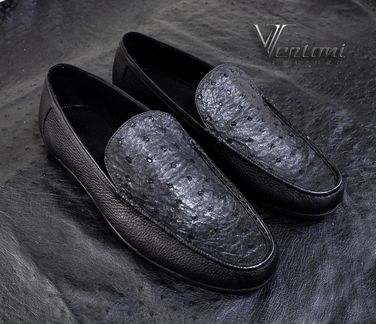 Мокасины мужские из кожи страуса и теленка черный