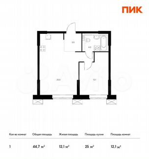 1-к апартаменты, 44.7 м², 4/28 эт.