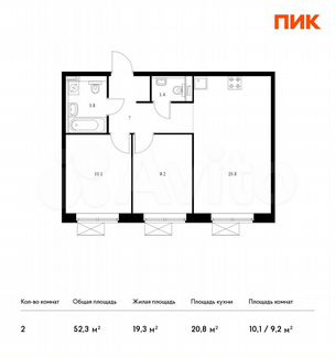 2-к квартира, 52.3 м², 4/19 эт.