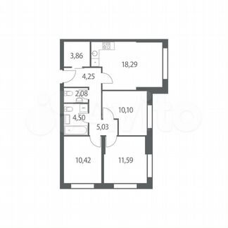3-к квартира, 70.1 м², 6/51 эт.