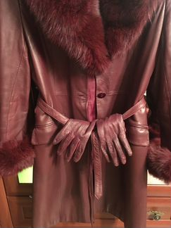 Пальто кожаное+песец 44-46